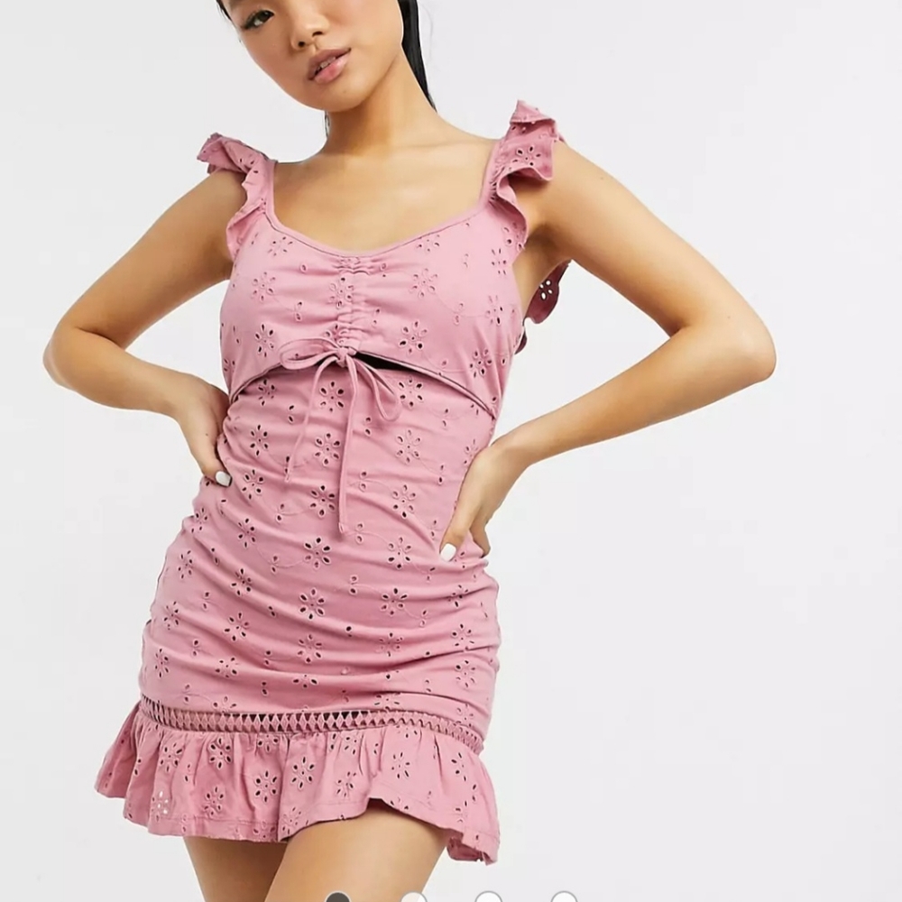 Asos Design dusty rose pink mini dress size 10 petite cutout eyelet ruffle